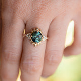 3.10ct Cushion Cut Untreated Umba Teal Green Sapphire Scalloped Diamond Cluster Ring in 14k Yellow Gold