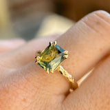 3.01ct Madagascar Parti Radiant Cut Sapphire Double Prong Evergreen Carved Stackable Solitaire in 14k Yellow Gold