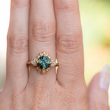 3.10ct Cushion Cut Untreated Umba Teal Green Sapphire Scalloped Diamond Cluster Ring in 14k Yellow Gold