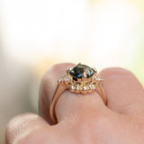 3.10ct Cushion Cut Untreated Umba Teal Green Sapphire Scalloped Diamond Cluster Ring in 14k Yellow Gold