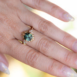 3.10ct Cushion Cut Untreated Umba Teal Green Sapphire Scalloped Diamond Cluster Ring in 14k Yellow Gold