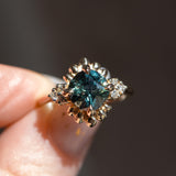3.10ct Cushion Cut Untreated Umba Teal Green Sapphire Scalloped Diamond Cluster Ring in 14k Yellow Gold