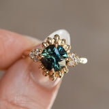 3.10ct Cushion Cut Untreated Umba Teal Green Sapphire Scalloped Diamond Cluster Ring in 14k Yellow Gold