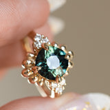 3.10ct Cushion Cut Untreated Umba Teal Green Sapphire Scalloped Diamond Cluster Ring in 14k Yellow Gold