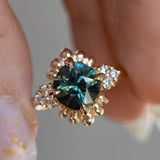 3.10ct Cushion Cut Untreated Umba Teal Green Sapphire Scalloped Diamond Cluster Ring in 14k Yellow Gold