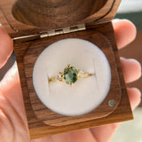 1.70ct Green Kenyan Fantasy Cut Sapphire and Diamond Antique Milgrain Three Stone Low Profile Ring in 18k Yellow Gold