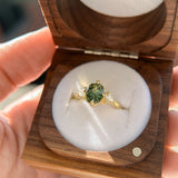 1.70ct Green Kenyan Fantasy Cut Sapphire and Diamond Antique Milgrain Three Stone Low Profile Ring in 18k Yellow Gold