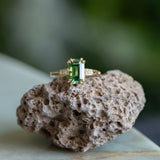 2.0ct Emerald Cut Green Tourmaline and Diamond Vintage Cathedral Double Prong Ring in 14k Yellow Gold