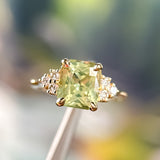3.14ct Light Bright Green Untreated Radiant Cut Sapphire and Diamond Cluster Ring in 14k Yellow Gold