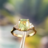 3.14ct Light Bright Green Untreated Radiant Cut Sapphire and Diamond Cluster Ring in 14k Yellow Gold