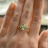 3.14ct Light Bright Green Untreated Radiant Cut Sapphire and Diamond Cluster Ring in 14k Yellow Gold