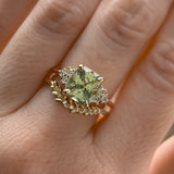 3.14ct Light Bright Green Untreated Radiant Cut Sapphire and Diamond Cluster Ring in 14k Yellow Gold