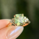 3.14ct Light Bright Green Untreated Radiant Cut Sapphire and Diamond Cluster Ring in 14k Yellow Gold