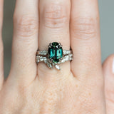 4.26ct Oval Deep Teal Madagascar Sapphire Double Claw Prong Low Profile Milgrain and Diamond Ring in Platinum