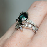 4.26ct Oval Deep Teal Madagascar Sapphire Double Claw Prong Low Profile Milgrain and Diamond Ring in Platinum