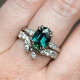 4.26ct Oval Deep Teal Madagascar Sapphire Double Claw Prong Low Profile Milgrain and Diamond Ring in Platinum