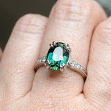 4.26ct Oval Deep Teal Madagascar Sapphire Double Claw Prong Low Profile Milgrain and Diamond Ring in Platinum