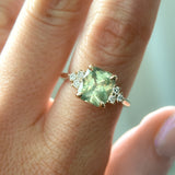 3.14ct Light Bright Green Untreated Radiant Cut Sapphire and Diamond Cluster Ring in 14k Yellow Gold