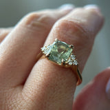3.14ct Light Bright Green Untreated Radiant Cut Sapphire and Diamond Cluster Ring in 14k Yellow Gold