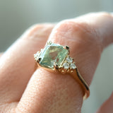 3.14ct Light Bright Green Untreated Radiant Cut Sapphire and Diamond Cluster Ring in 14k Yellow Gold