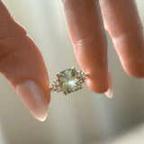 3.14ct Light Bright Green Untreated Radiant Cut Sapphire and Diamond Cluster Ring in 14k Yellow Gold