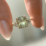 3.14ct Light Bright Green Untreated Radiant Cut Sapphire and Diamond Cluster Ring in 14k Yellow Gold
