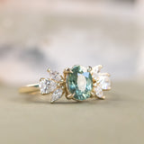 1.73ct Untreated Oval Seafoam Teal Sapphire and Lab Grown Marquise Diamond Cluster Ring in 14k Yellow Gold