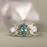 1.73ct Untreated Oval Seafoam Teal Sapphire and Lab Grown Marquise Diamond Cluster Ring in 14k Yellow Gold