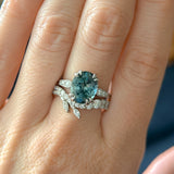 3.94ct Oval Unheated Deep Teal Blue Australian Sapphire Double Claw Prong Low Profile Milgrain and Diamond Ring in Platinum