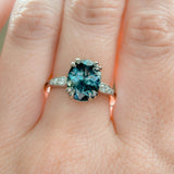 3.94ct Oval Unheated Deep Teal Blue Australian Sapphire Double Claw Prong Low Profile Milgrain and Diamond Ring in Platinum