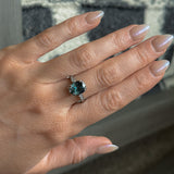 3.94ct Oval Unheated Deep Teal Blue Australian Sapphire Double Claw Prong Low Profile Milgrain and Diamond Ring in Platinum