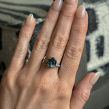 3.94ct Oval Unheated Deep Teal Blue Australian Sapphire Double Claw Prong Low Profile Milgrain and Diamond Ring in Platinum