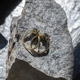 1.65ct Round Untreated Precision Cut Montana Sapphire and Natural Pear Diamond Three Stone Low Profile Ring in 18k Yellow Gold