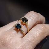 1.65ct Round Untreated Precision Cut Montana Sapphire and Natural Pear Diamond Three Stone Low Profile Ring in 18k Yellow Gold