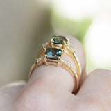 1.65ct Round Untreated Precision Cut Montana Sapphire and Natural Pear Diamond Three Stone Low Profile Ring in 18k Yellow Gold