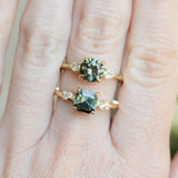 1.65ct Round Untreated Precision Cut Montana Sapphire and Natural Pear Diamond Three Stone Low Profile Ring in 18k Yellow Gold