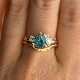 1.73ct Trillion Teal Blue Untreated Montana Sapphire and Natural Diamond Mountainscape Ring in 14k Yellow Gold