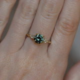 1.65ct Round Untreated Precision Cut Montana Sapphire and Natural Pear Diamond Three Stone Low Profile Ring in 18k Yellow Gold