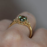 1.65ct Round Untreated Precision Cut Montana Sapphire and Natural Pear Diamond Three Stone Low Profile Ring in 18k Yellow Gold