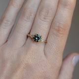 1.65ct Round Untreated Precision Cut Montana Sapphire and Natural Pear Diamond Three Stone Low Profile Ring in 18k Yellow Gold