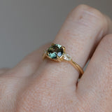 1.65ct Round Untreated Precision Cut Montana Sapphire and Natural Pear Diamond Three Stone Low Profile Ring in 18k Yellow Gold