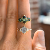 2.09ct Untreated Tanzanian Color Shifting Fantasy Cut Sapphire and Diamond Antique Milgrain Three Stone Low Profile Ring in 14k Yellow Gold