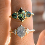 2.09ct Untreated Tanzanian Color Shifting Fantasy Cut Sapphire and Diamond Antique Milgrain Three Stone Low Profile Ring in 14k Yellow Gold