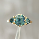3.17ct Cushion Parti Teal Sapphire and Trillion Sapphire Antique Compass Set Low Profile Ring in 18k Yellow Gold