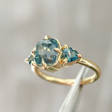 3.17ct Cushion Parti Teal Sapphire and Trillion Sapphire Antique Compass Set Low Profile Ring in 18k Yellow Gold