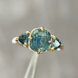 3.17ct Cushion Parti Teal Sapphire and Trillion Sapphire Antique Compass Set Low Profile Ring in 18k Yellow Gold