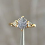 2.09ct Untreated Tanzanian Color Shifting Fantasy Cut Sapphire and Diamond Antique Milgrain Three Stone Low Profile Ring in 14k Yellow Gold