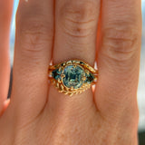 3.17ct Cushion Parti Teal Sapphire and Trillion Sapphire Antique Compass Set Low Profile Ring in 18k Yellow Gold
