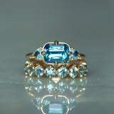 2.53ct Untreated Glowy Teal Cushion Cut Sapphire and Trillion Sapphire Antique Compass East-West Set Low Profile Ring in 14k Yellow Gold