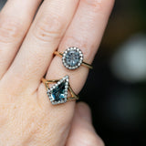 1.40ct Fantasy Carved Untreated Montana Sapphire and Antiqued Diamond Halo ring in 14k Yellow Gold